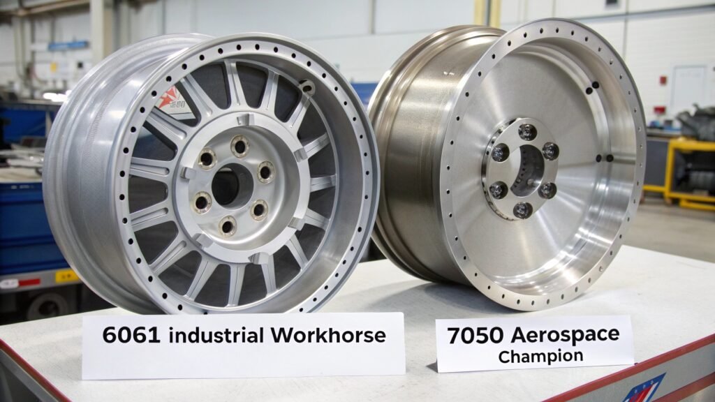 A durable industrial machine part made of 6061 next to a high-tech aerospace structural component made of 7050.
